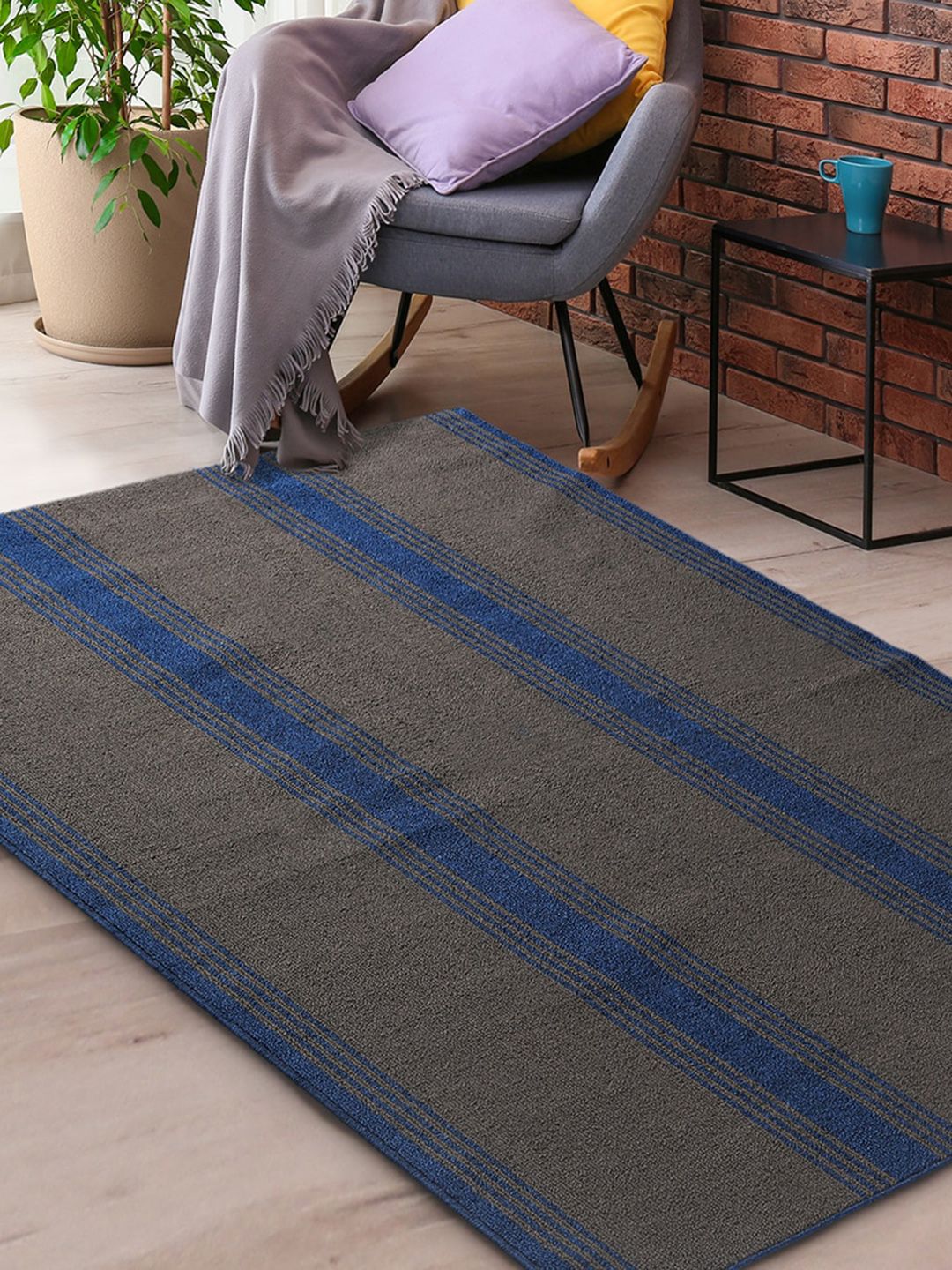 Saral Home Grey & Blue Striped Anti-skid & Washable Carpet