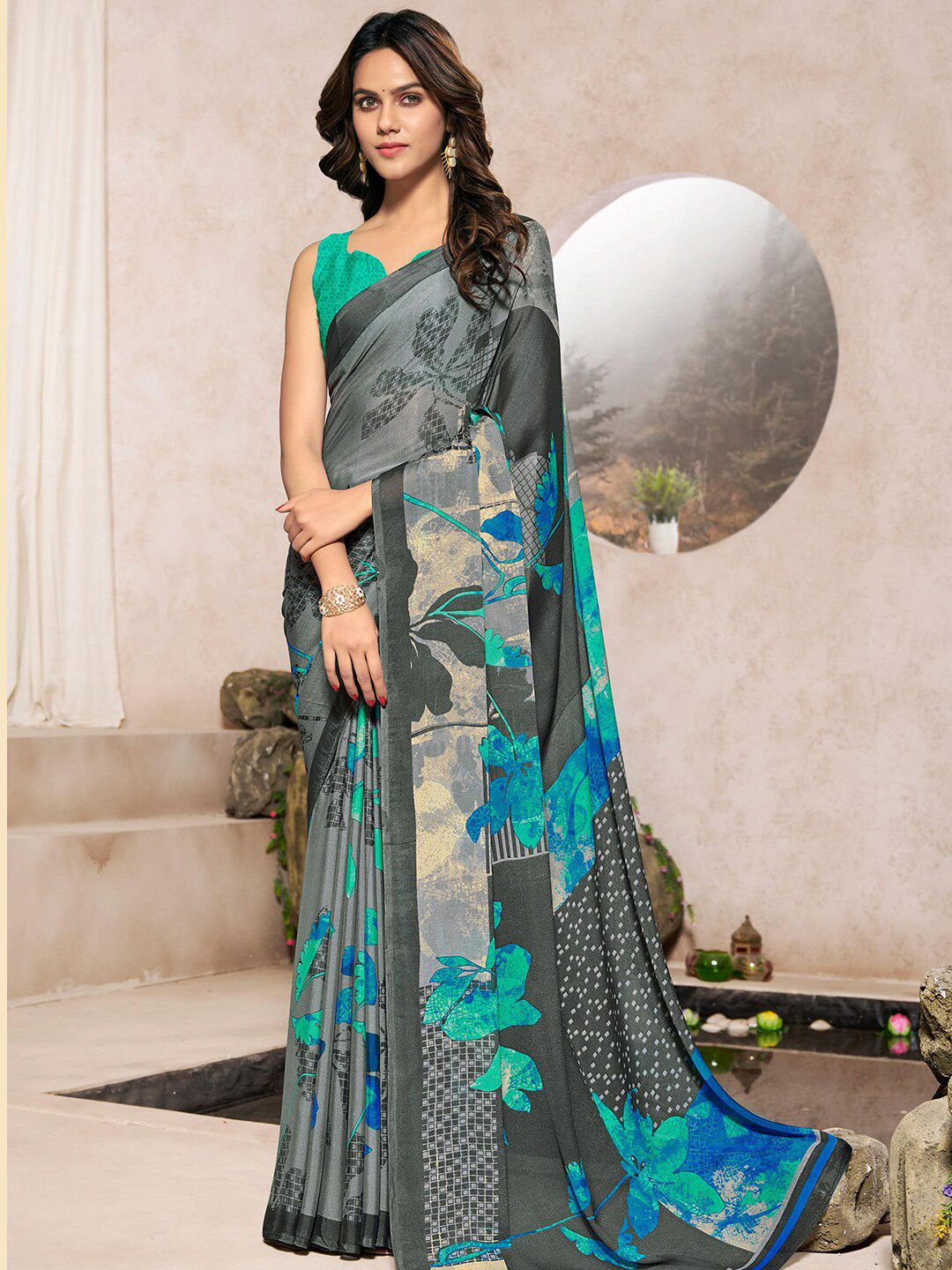 Kasak Grey Melange & Green Floral Silk Blend Saree Price in India