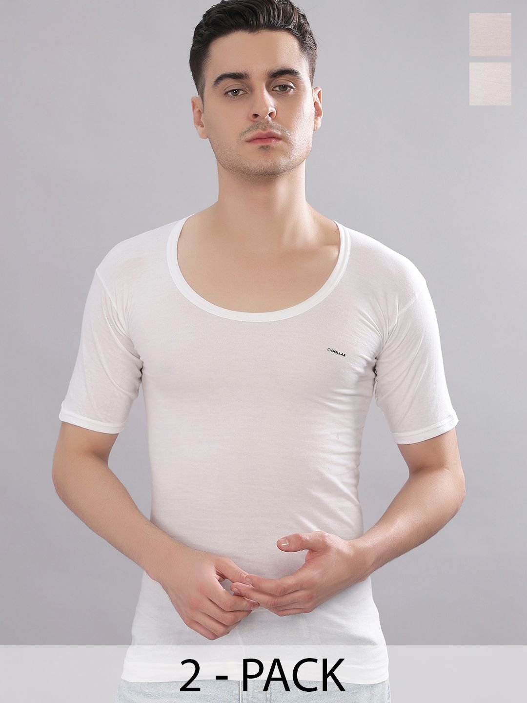 Dollar Bigboss Men Solid Pack of 2 White Combed Cotton Shrinkless Round Neck Casual Vest