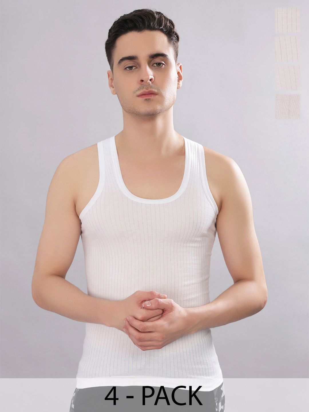 Dollar Bigboss Men Solid Pack of 4 White Cotton Magic Rib Regular Fit Casual Vest