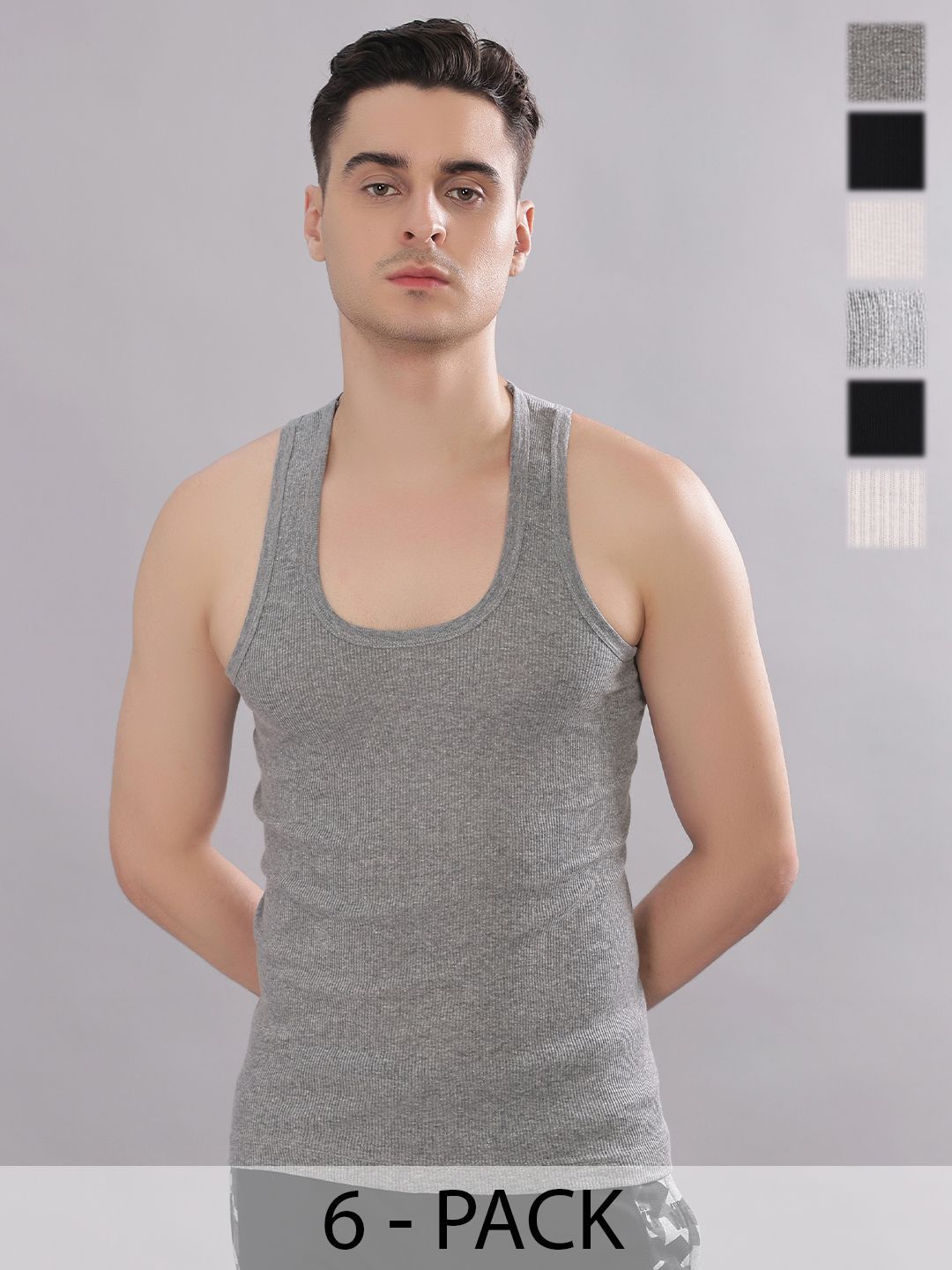 Dollar Bigboss Men Solid Pack of 6 Cotton Stretch Rib Regular Fit Casual Vest