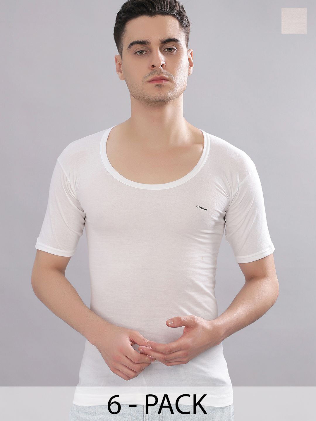 Dollar Bigboss Men Solid Pack of 6 White Combed Cotton Shrinkless Round Neck Casual Vest