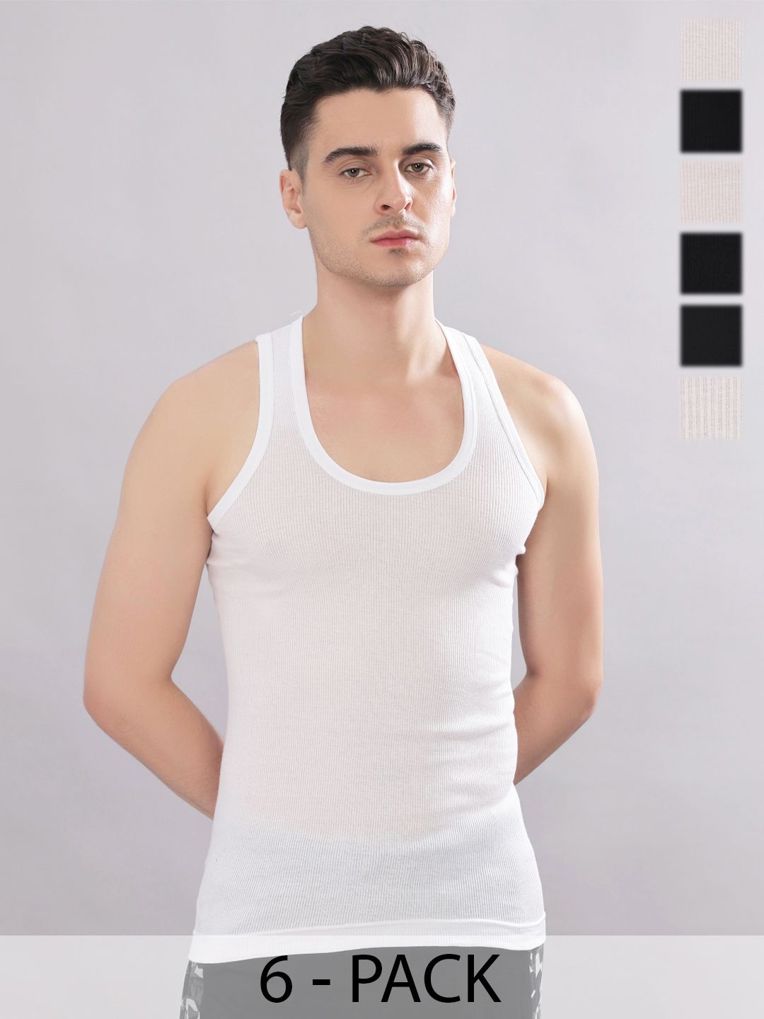 Dollar Bigboss Men Solid Pack of 6 Cotton Stretch Rib Regular Fit Casual Vest