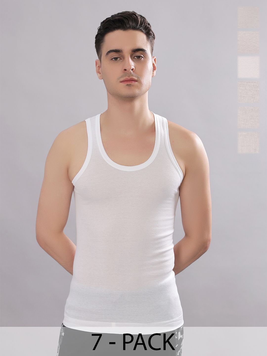 Dollar Bigboss Men Solid Pack of 7 White Combed Cotton Ribbed Regular Fit Casual Vest