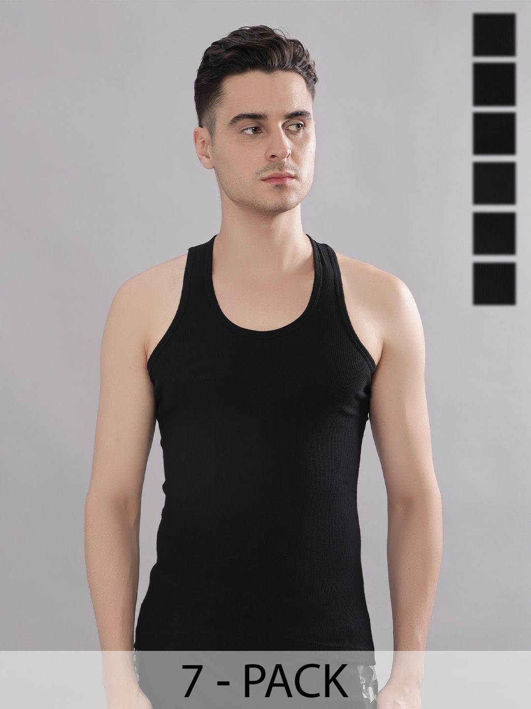 Dollar Bigboss Men Solid Pack of 7 Black Cotton Stretch Rib Regular Fit Casual Vest