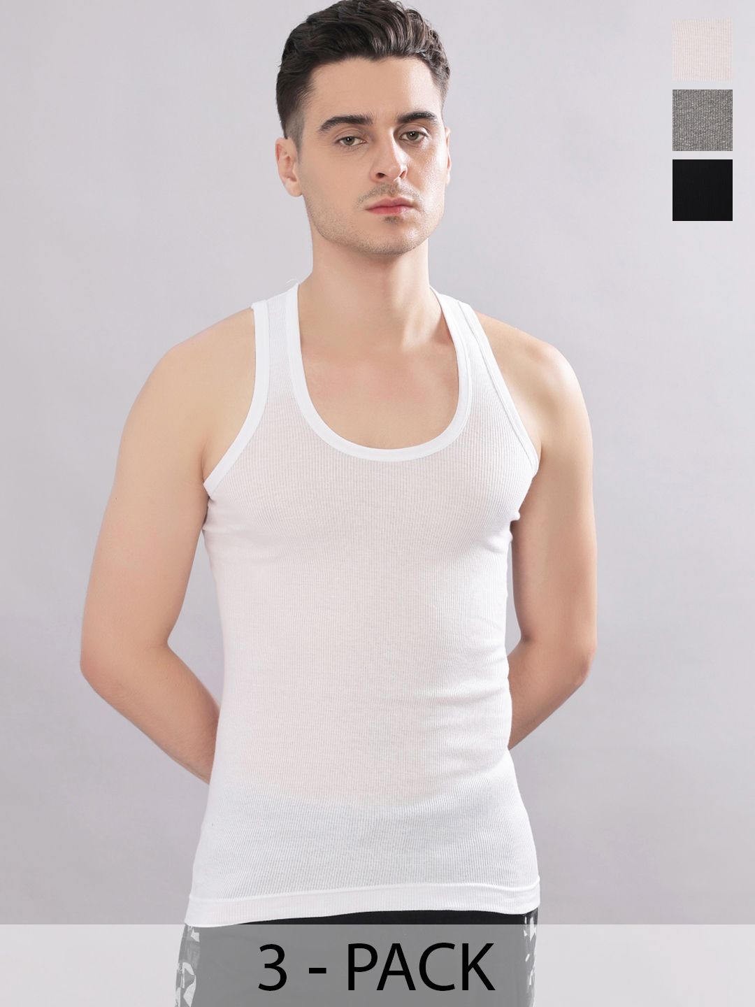 Dollar Bigboss Men Solid Pack of 3 Cotton Stretch Rib Regular Fit Casual Vest