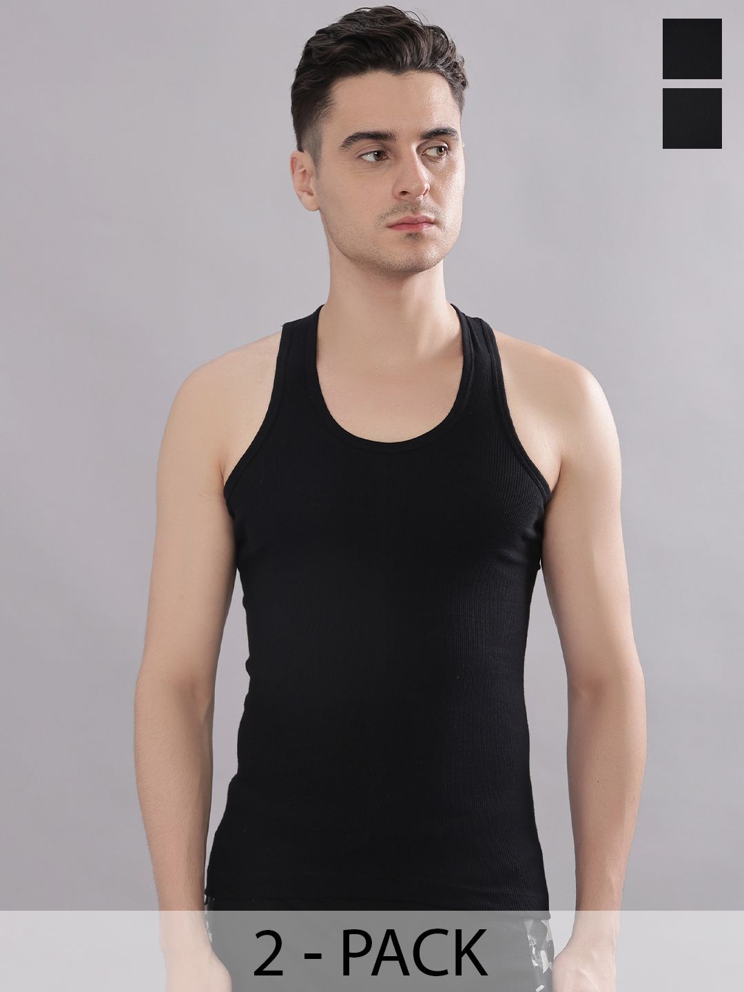 Dollar Bigboss Men Solid Pack of 2 Black Cotton Stretch Rib Regular Fit Casual Vest