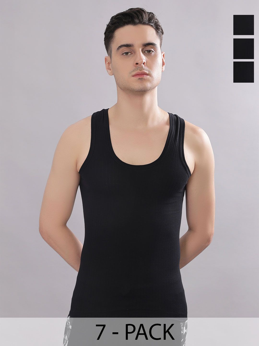 Dollar Bigboss Men Solid Pack of 7 Black Cotton Magic Rib Regular Fit Casual Vest