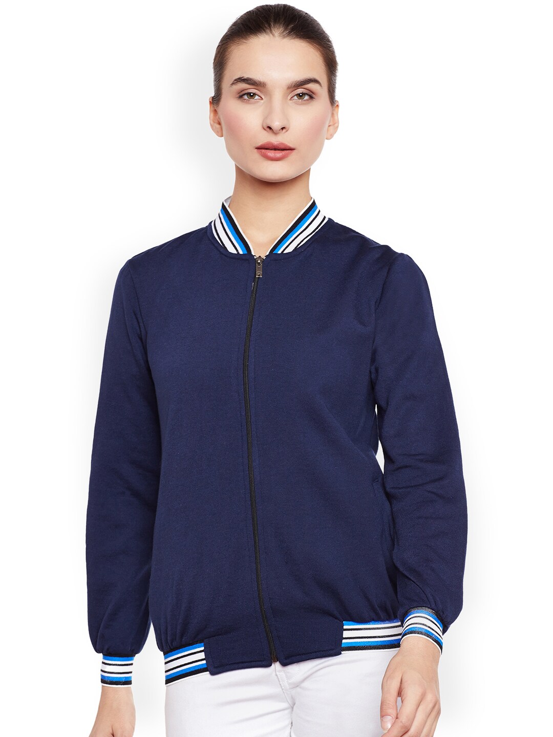 Belle Fille Women Navy Blue Solid Lightweight Tailored Jacket Price in India