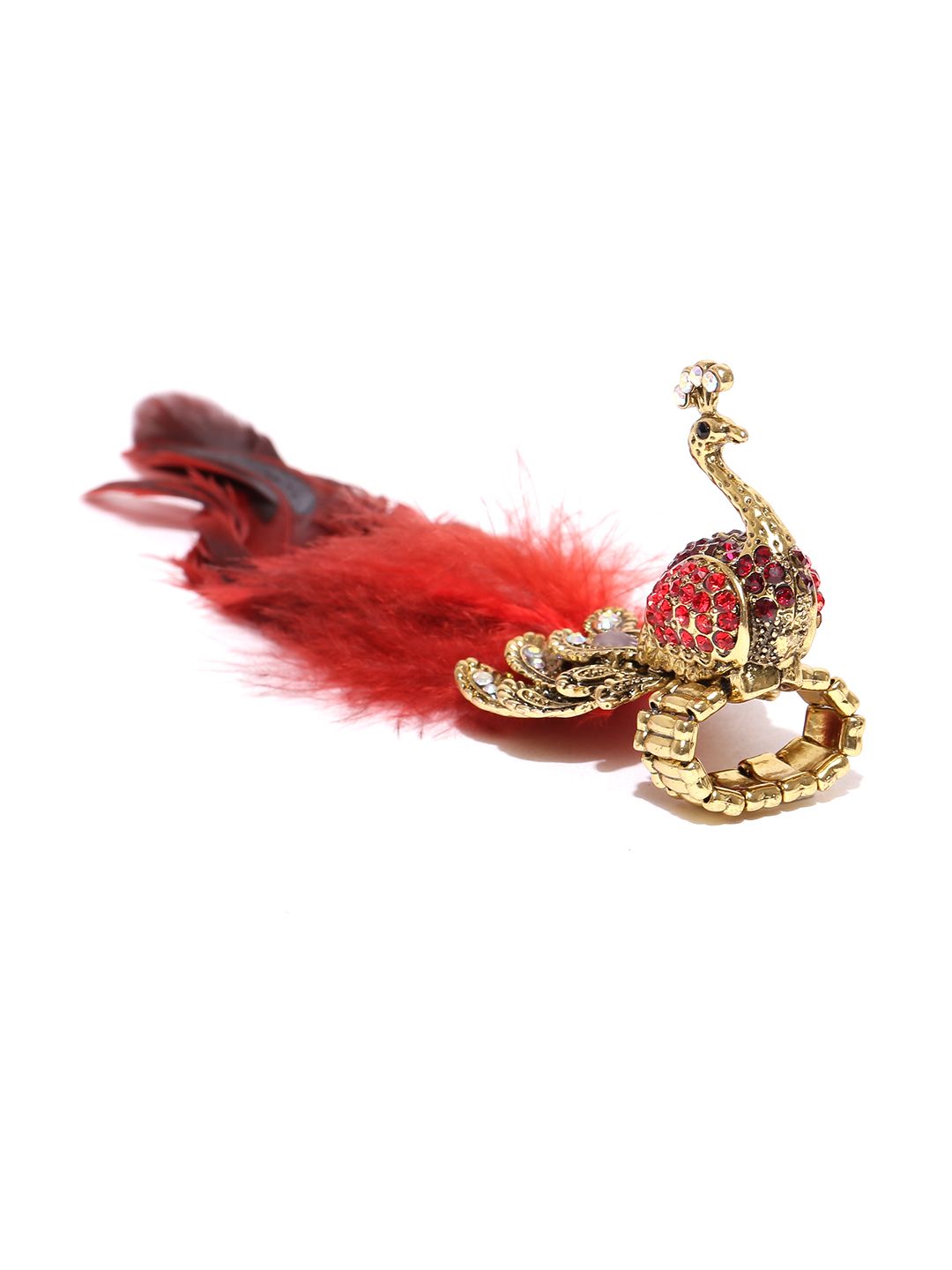 YouBella Antique Gold-Toned & Red Peacock-Shaped Stone-Studded Ring Price in India