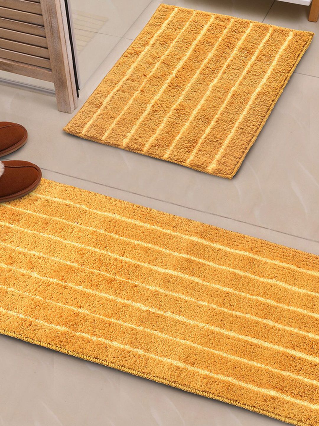 Saral Home CHAMPS 2-Pcs Striped Gold-Toned Rectangular Anti-Skid Runner & Bathmat