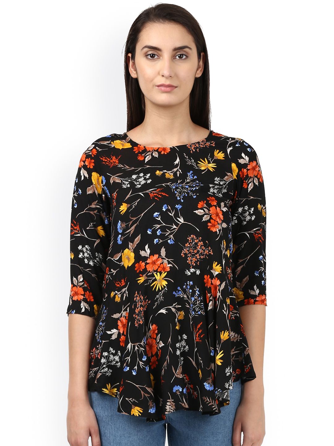 Park Avenue Women Black Floral Print A-Line Top Price in India