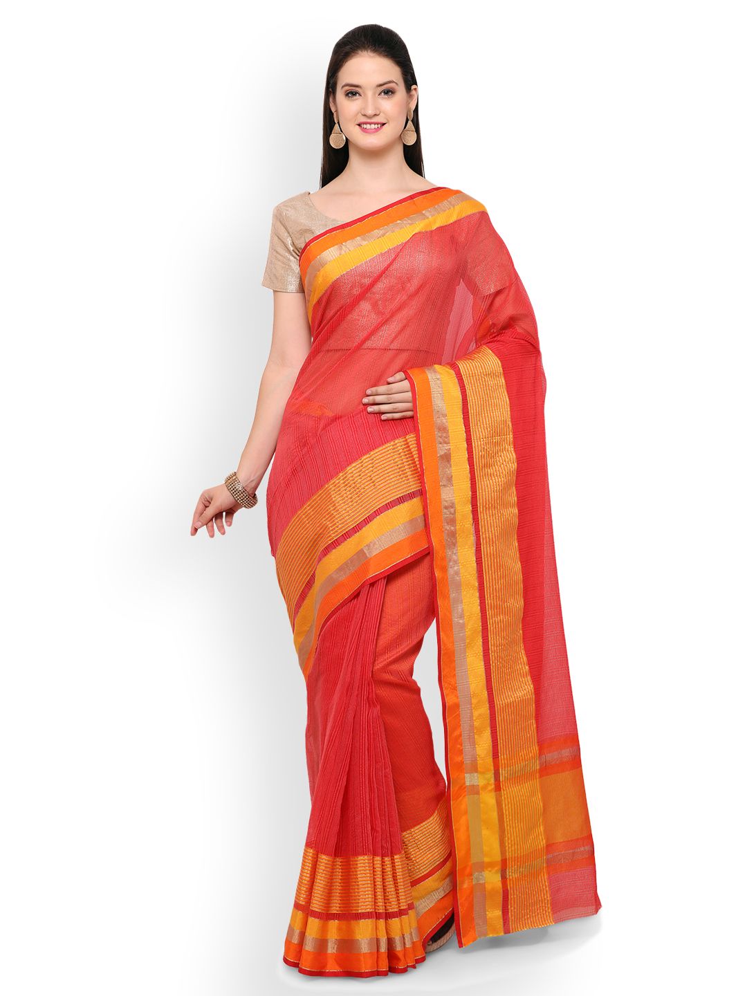 Saree mall Red Silk Blend Striped Chanderi Saree Price in India