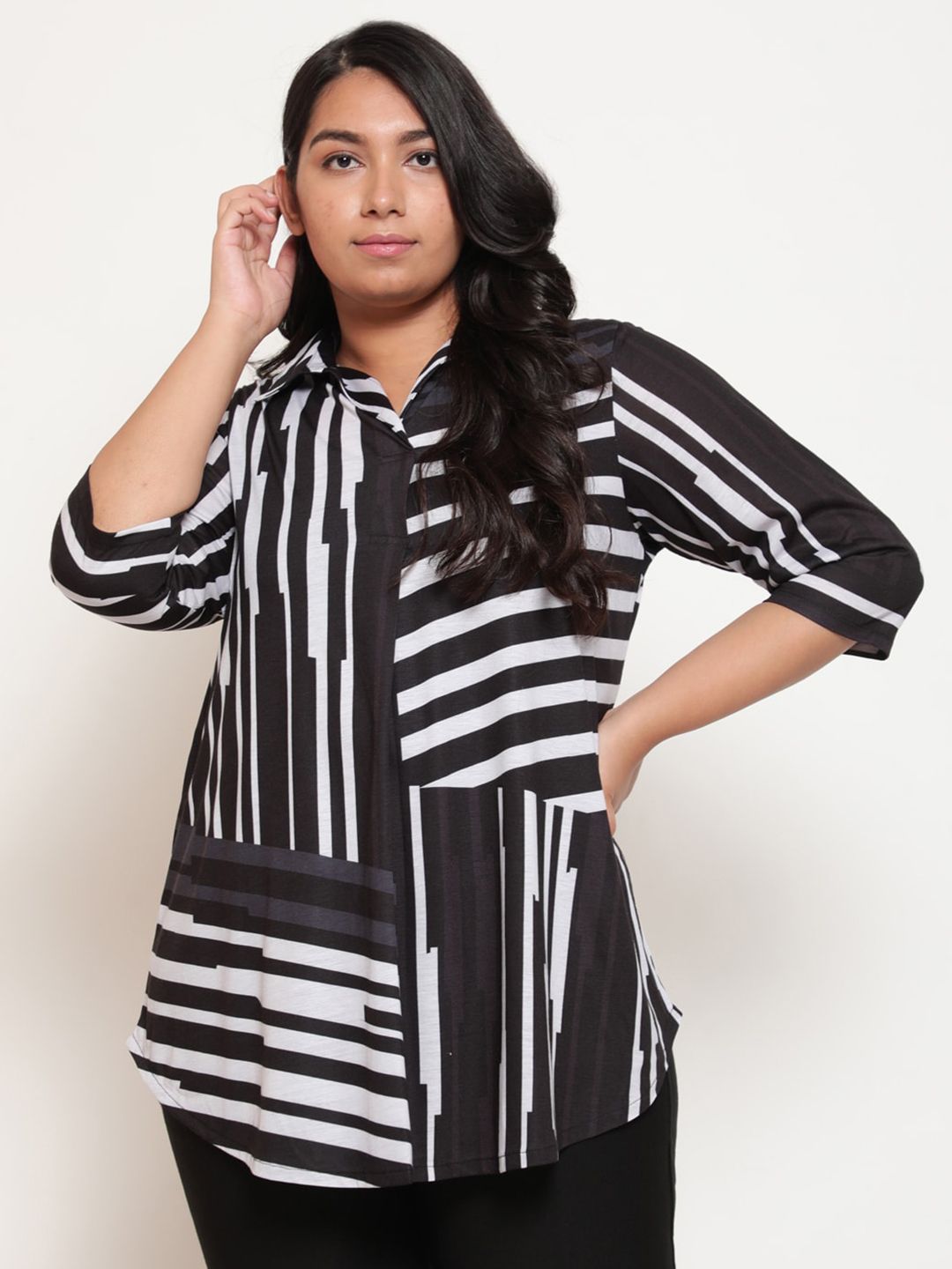 Amydus Plus Size Shirt Collar Striped Shirt Style Top Price in India