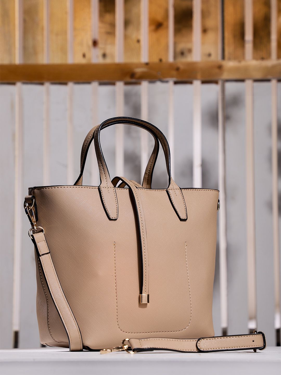 DressBerry Beige Solid Small Tote Bag Price in India