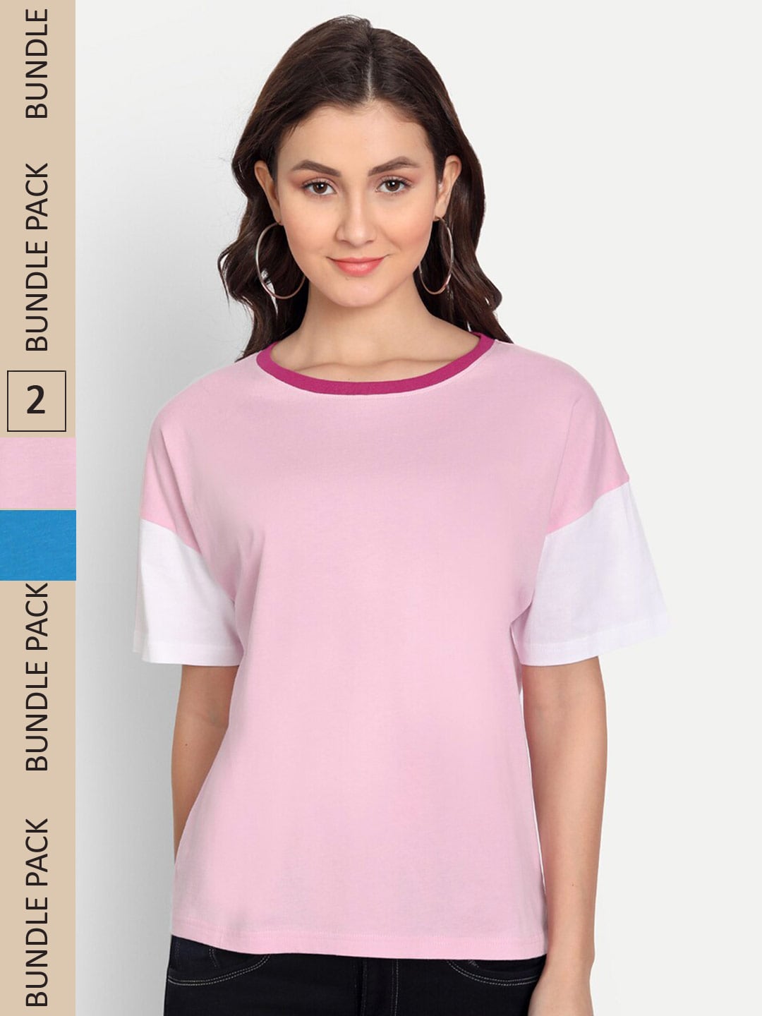 iki chic Women Pink 2 Drop-Shoulder Sleeves Pockets T-shirt Price in India