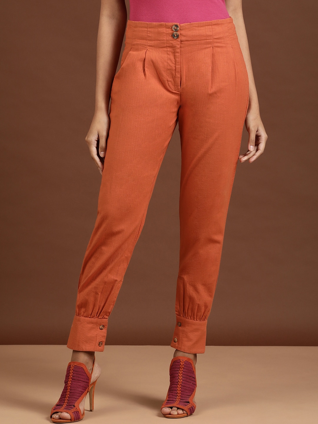 Freehand Women Cotton Tapered Fit High-Rise Pleated Cigarette Trouser Price in India