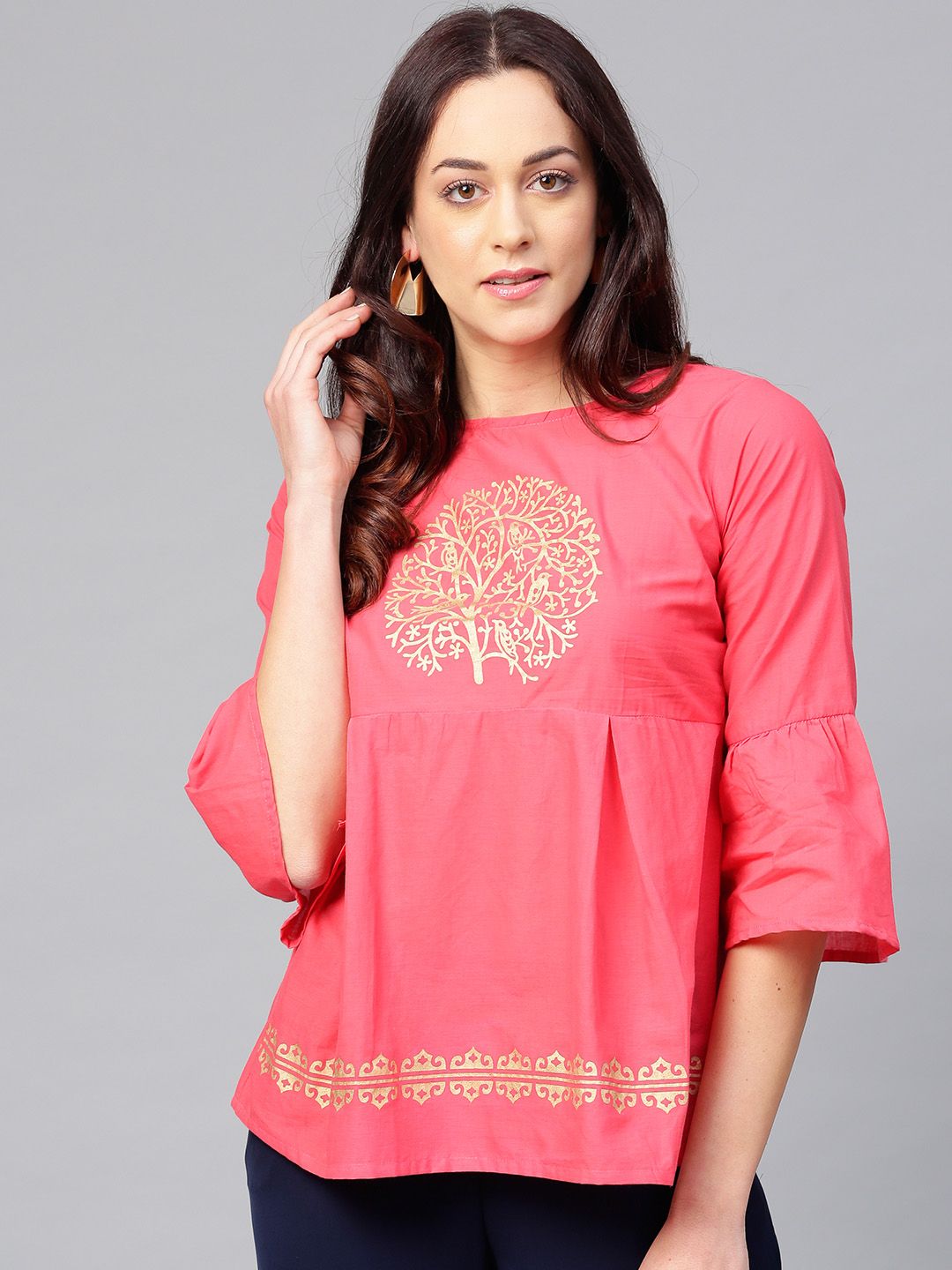 Bhama Couture Women Pink Printed Pure Cotton Top