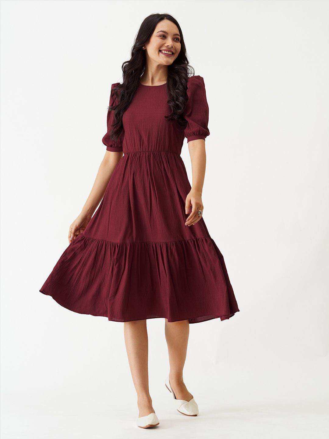 AASK Puff Sleeve Crepe Fit & Flare Midi Dress Price in India