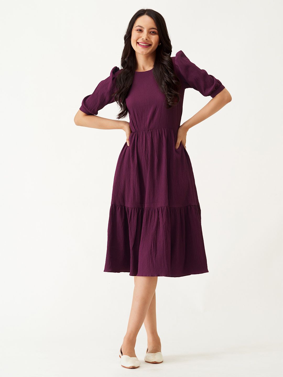 AASK Puff Sleeve Crepe Fit & Flare Dress Price in India