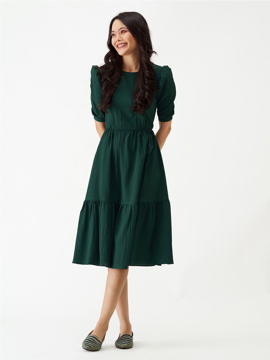 AASK Puff Sleeve Crepe Fit & Flare Midi Dress Price in India