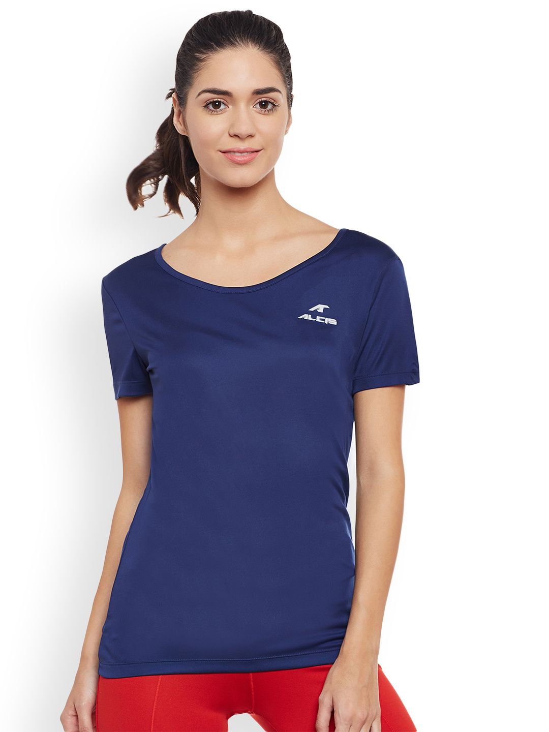 Alcis Women Navy Solid V-Neck Slim Fit T-shirt Price in India