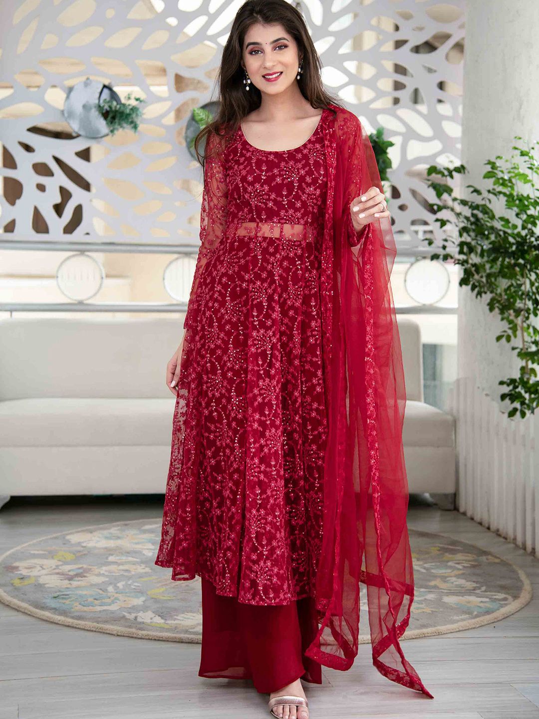 Label Shaurya Sanadhya Ethnic Motifs Embroidered Sequinned Kurta with Palazzos & Dupatta Price in India