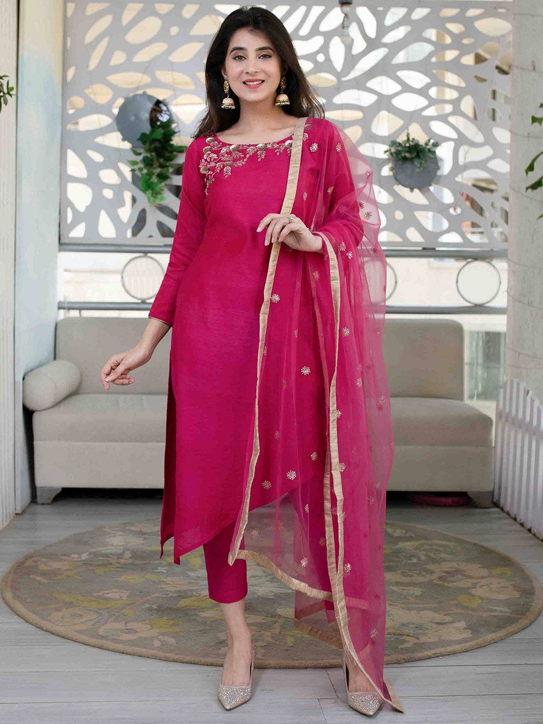 Label Shaurya Sanadhya Floral Embroidered Sequinned Kurta with Trousers & Dupatta Price in India