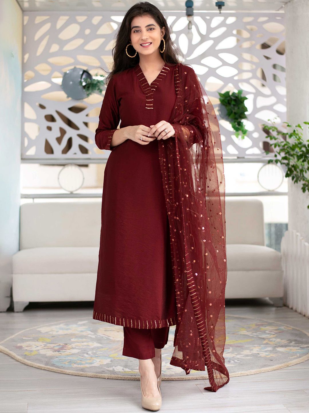 Label Shaurya Sanadhya Yoke Design Sequinned Kurta with Trousers & With Dupatta Price in India