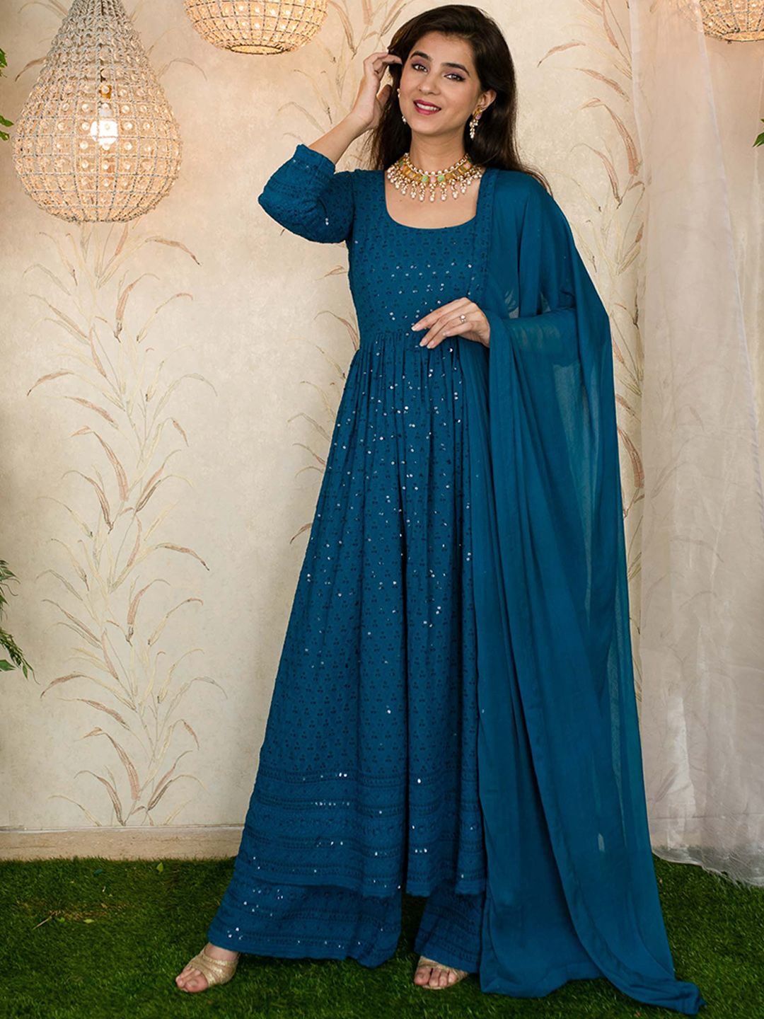 Label Shaurya Sanadhya Ethnic Motifs Embroidered Sequinned Kurta with Palazzos & Dupatta Price in India