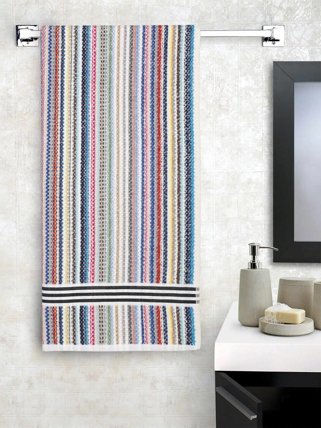 Creeva Pink & Blue Striped 500 GSM Pure Cotton Popcorn Weave Bath Towel