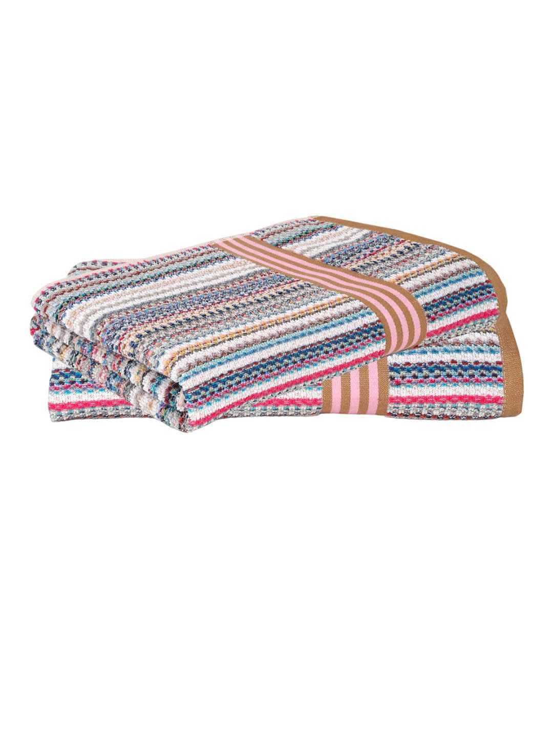 Creeva White & Brown 2 Pcs Striped 500 GSM Pure Cotton Popcorn Weave Bath Towels