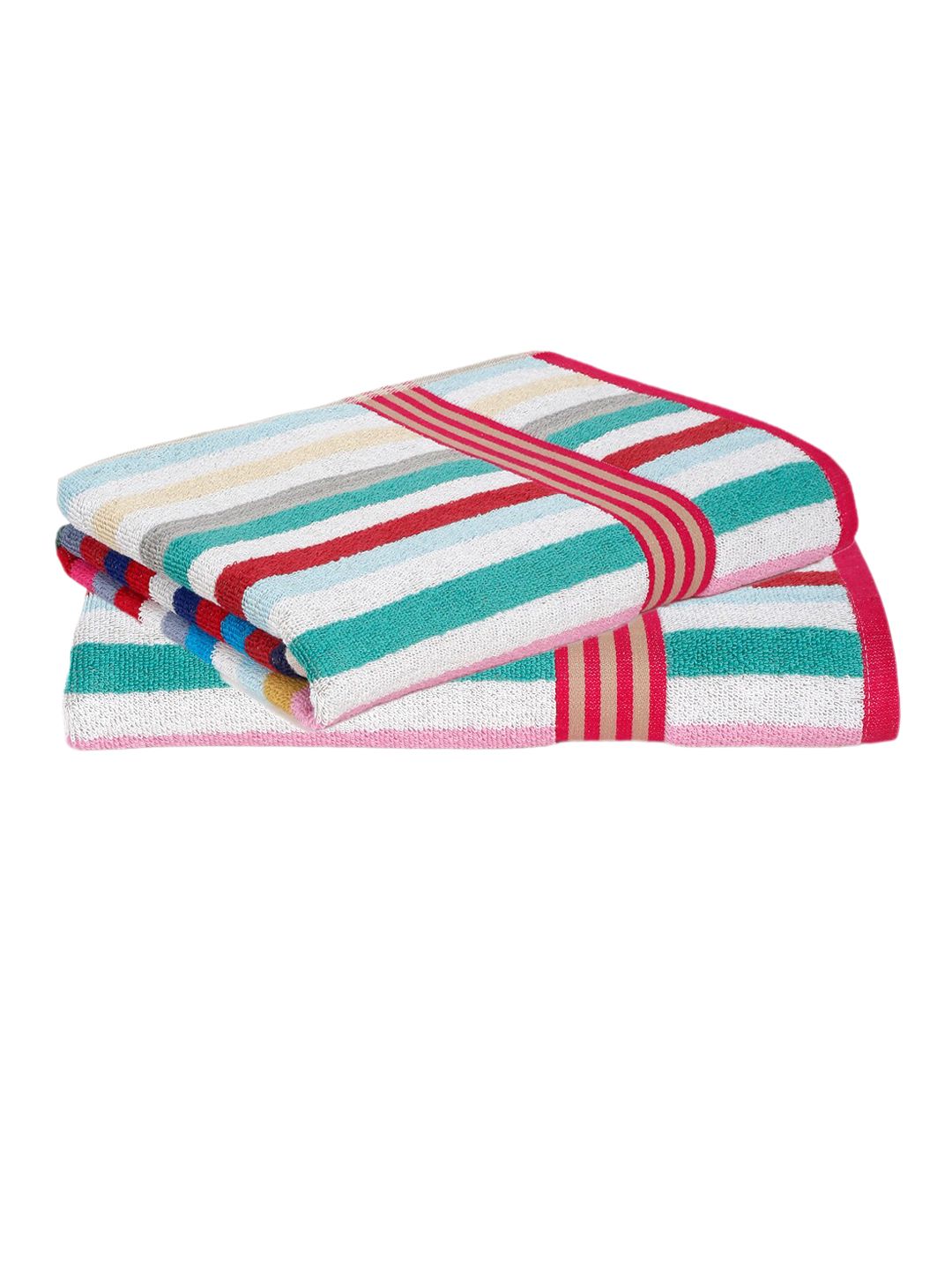 Creeva White & Red 2 Pcs Striped 500 GSM Pure Cotton Terry Bath Towels
