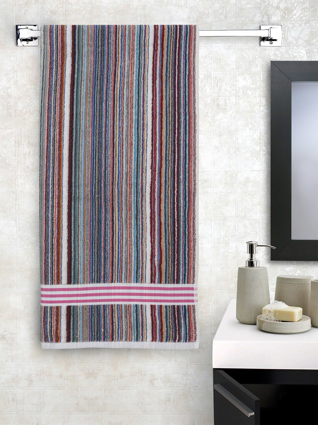 Creeva Pink & Blue Striped 500 GSM Pure Cotton Bath Towels