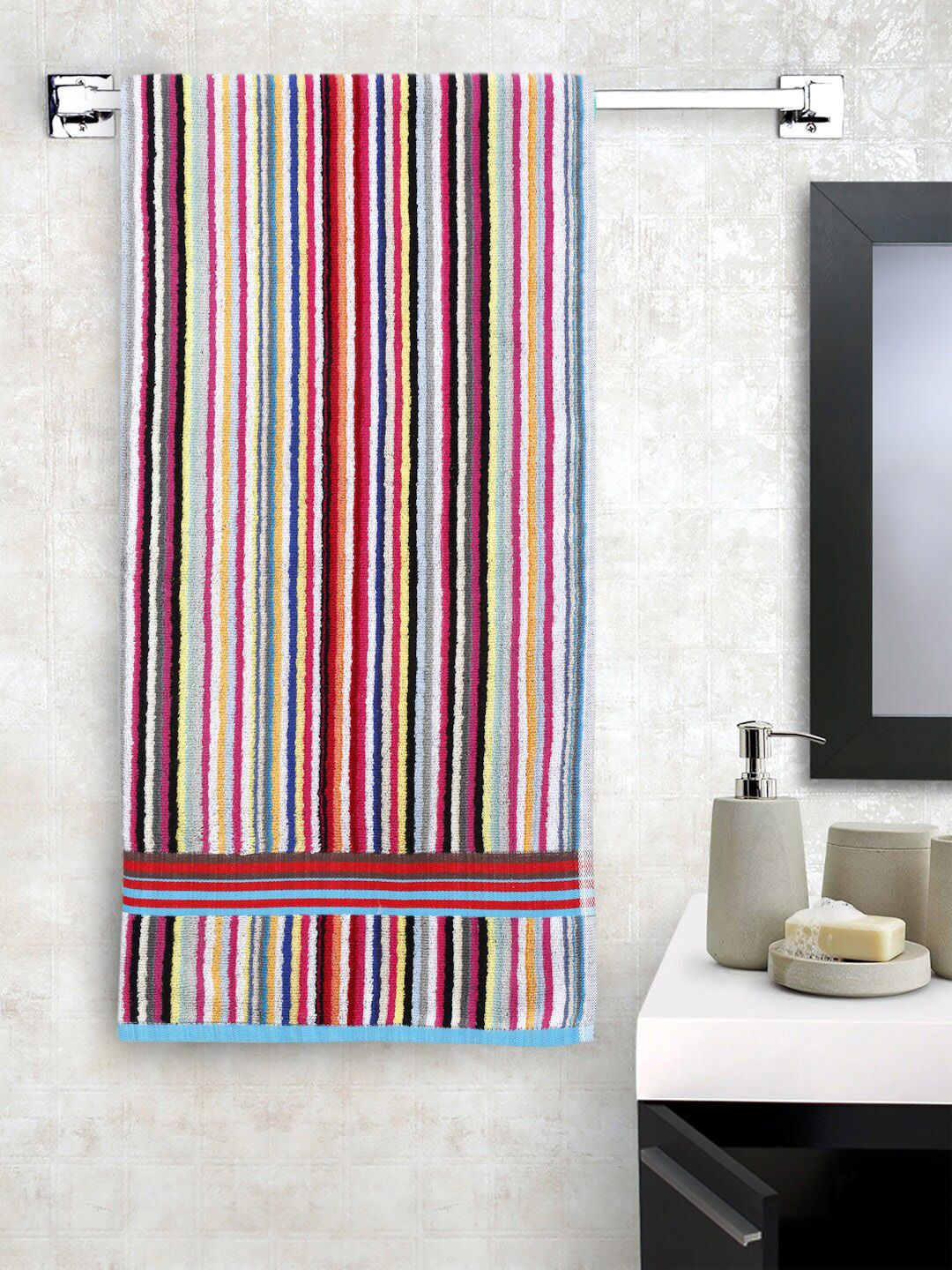 Creeva Red & White Striped Pure Cotton Popcorn Weave Bath Towel