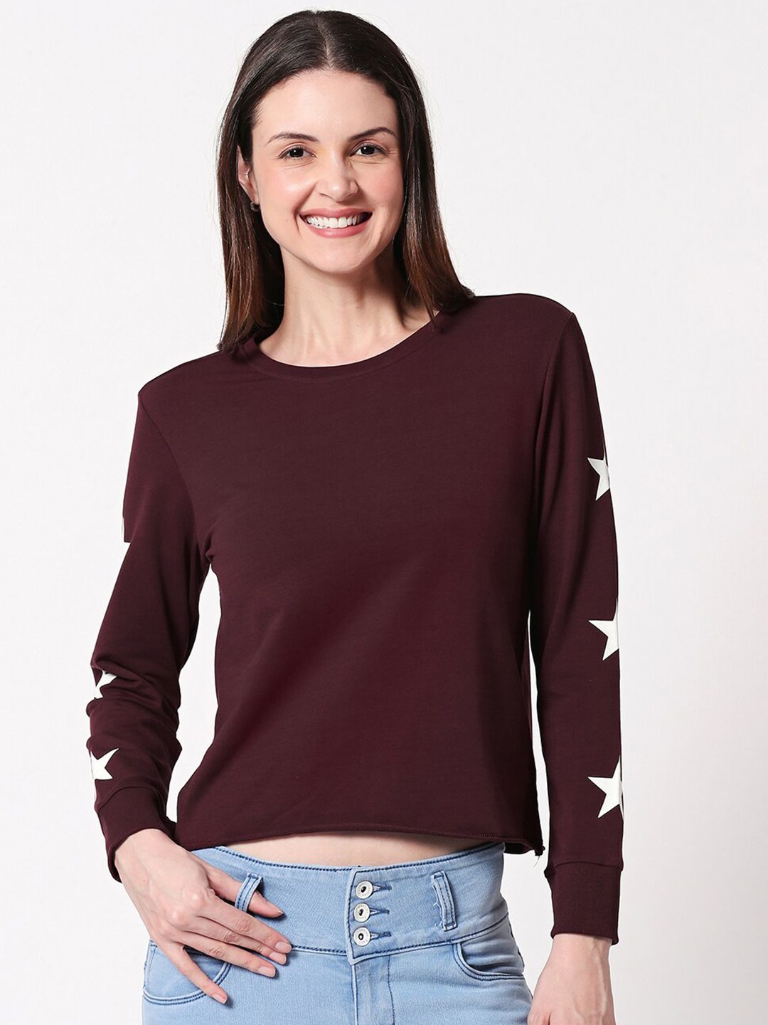 Zeyo Round Neck Cuffed Sleeves Pure Cotton Top Price in India