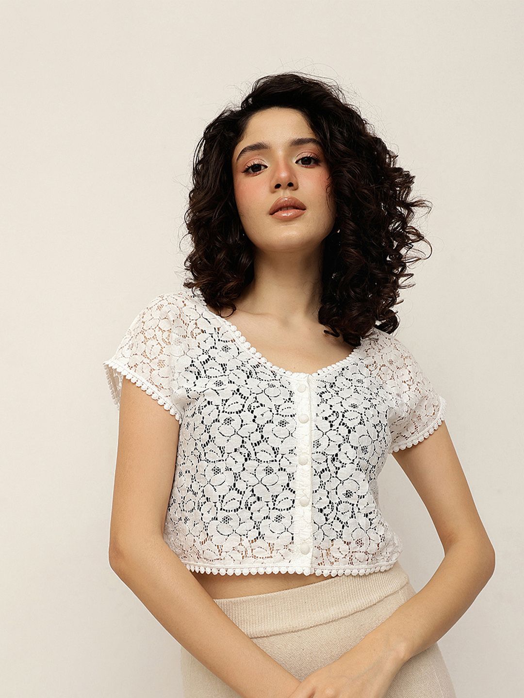 Espresso Front Button Lace Crop Shrug