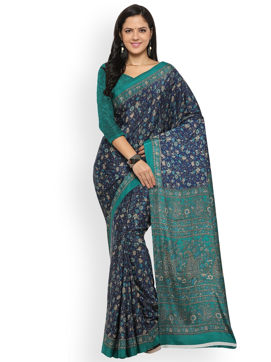 Mitera Blue Printed Pure Crepe Saree Price in India