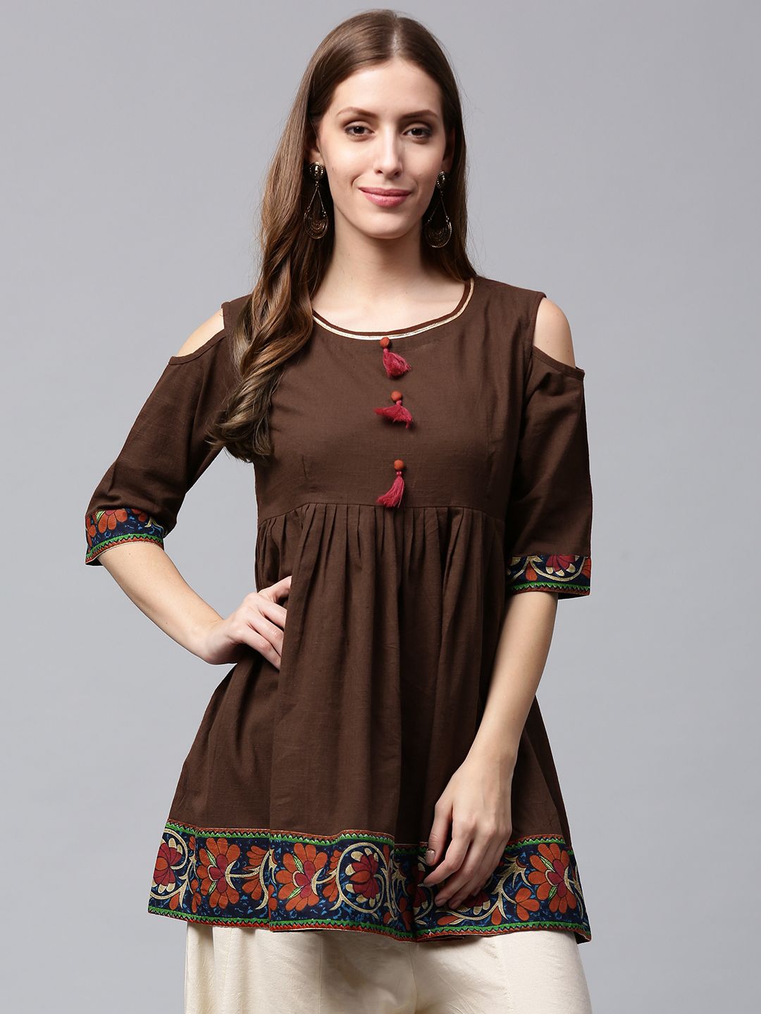 Nayo Women Brown Cold-Shoulder A-Line Pure Cotton Kurti Price in India