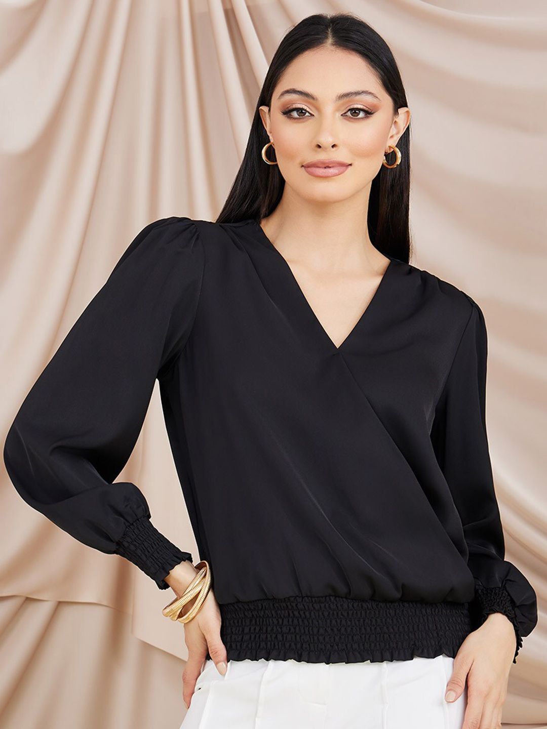 Styli Black V-Neck Puff Sleeves Top Price in India
