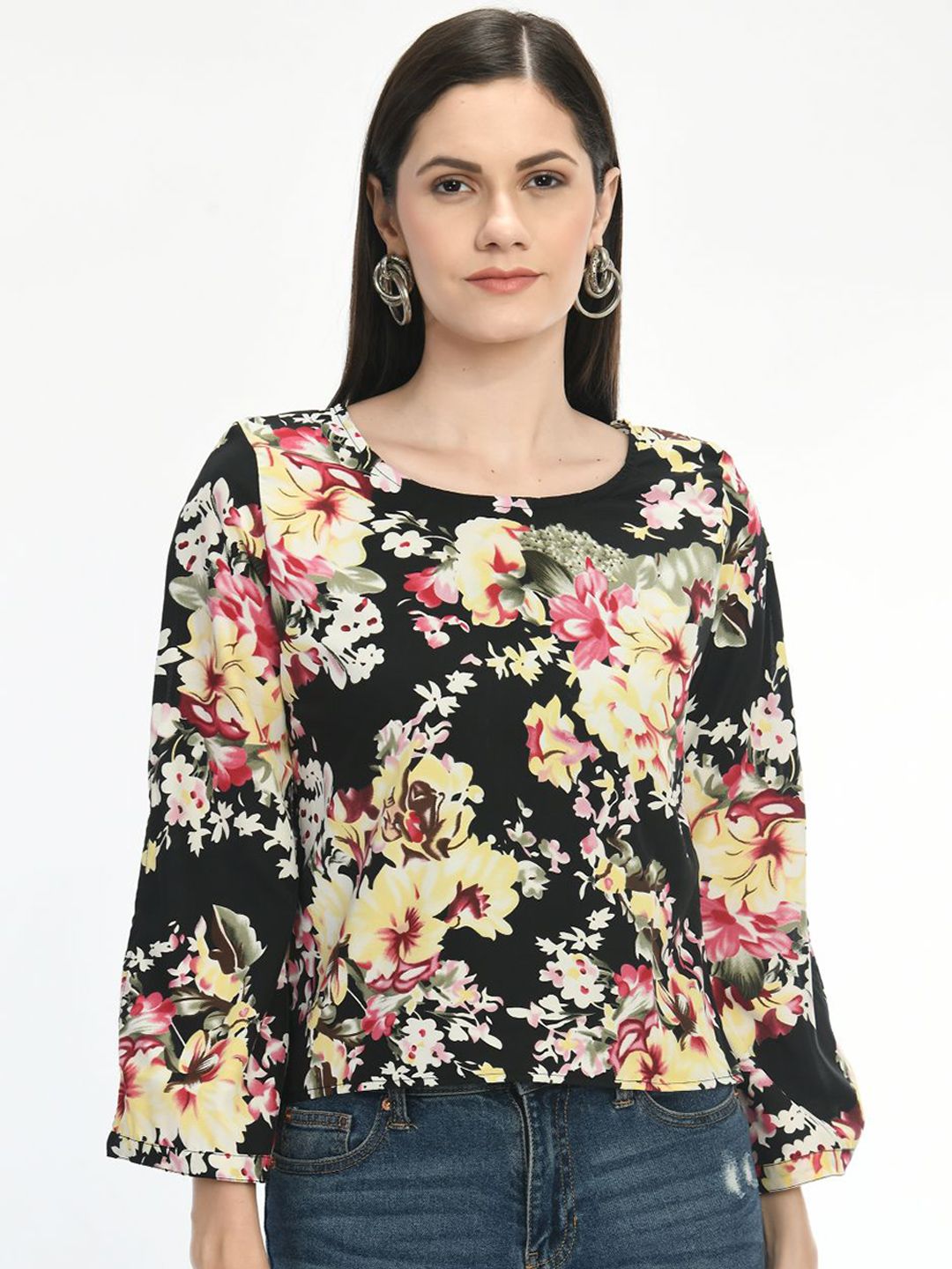 Toshee Floral Print Bell Sleeve Crepe Top Price in India