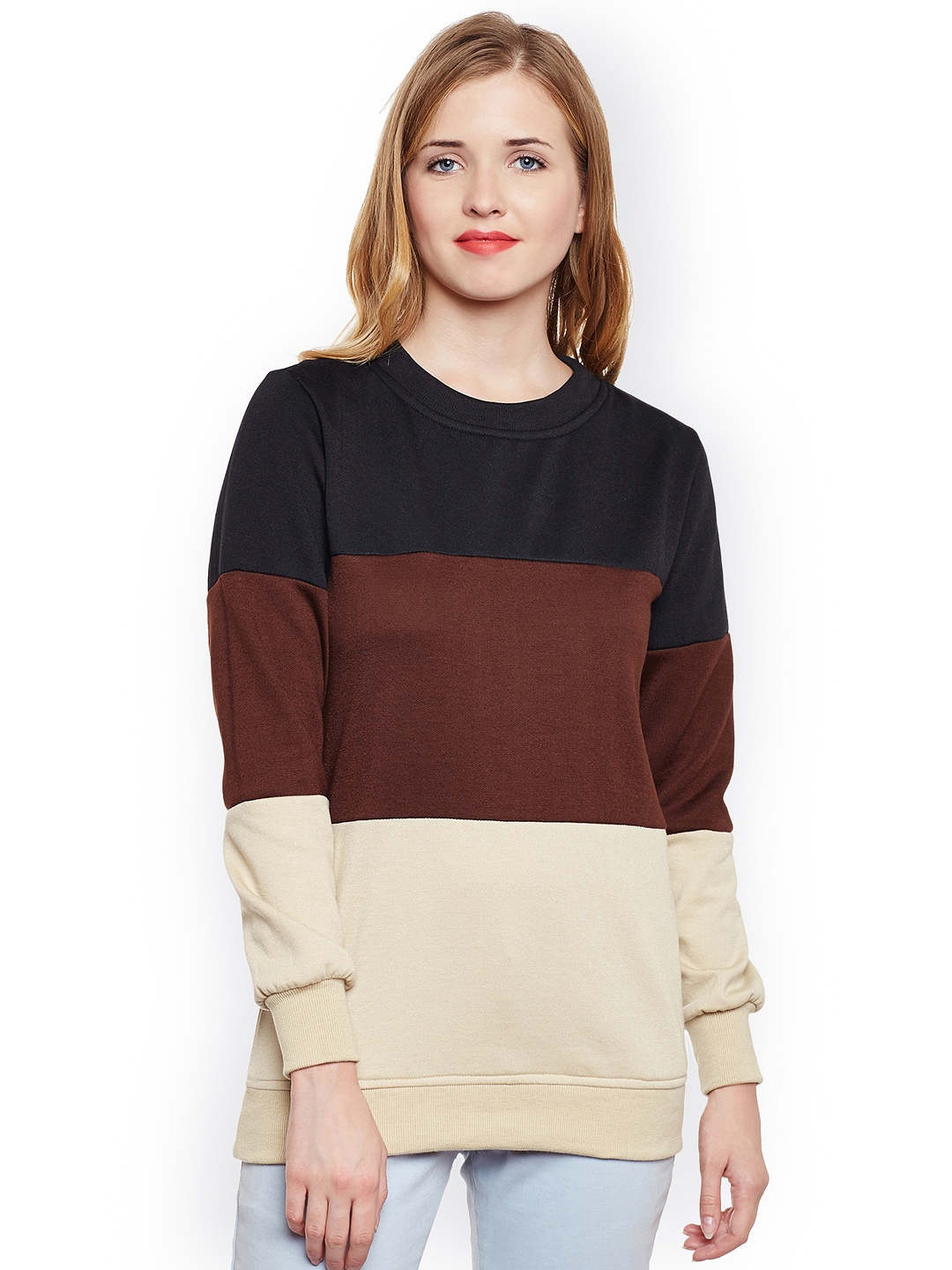 Belle Fille Women Black & Brown Colourblocked Sweatshirt Price in India