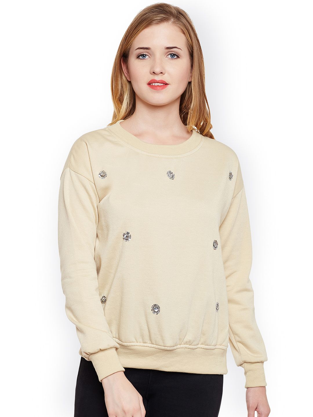 Belle Fille Women Nude-Coloured Solid Sweatshirt Price in India