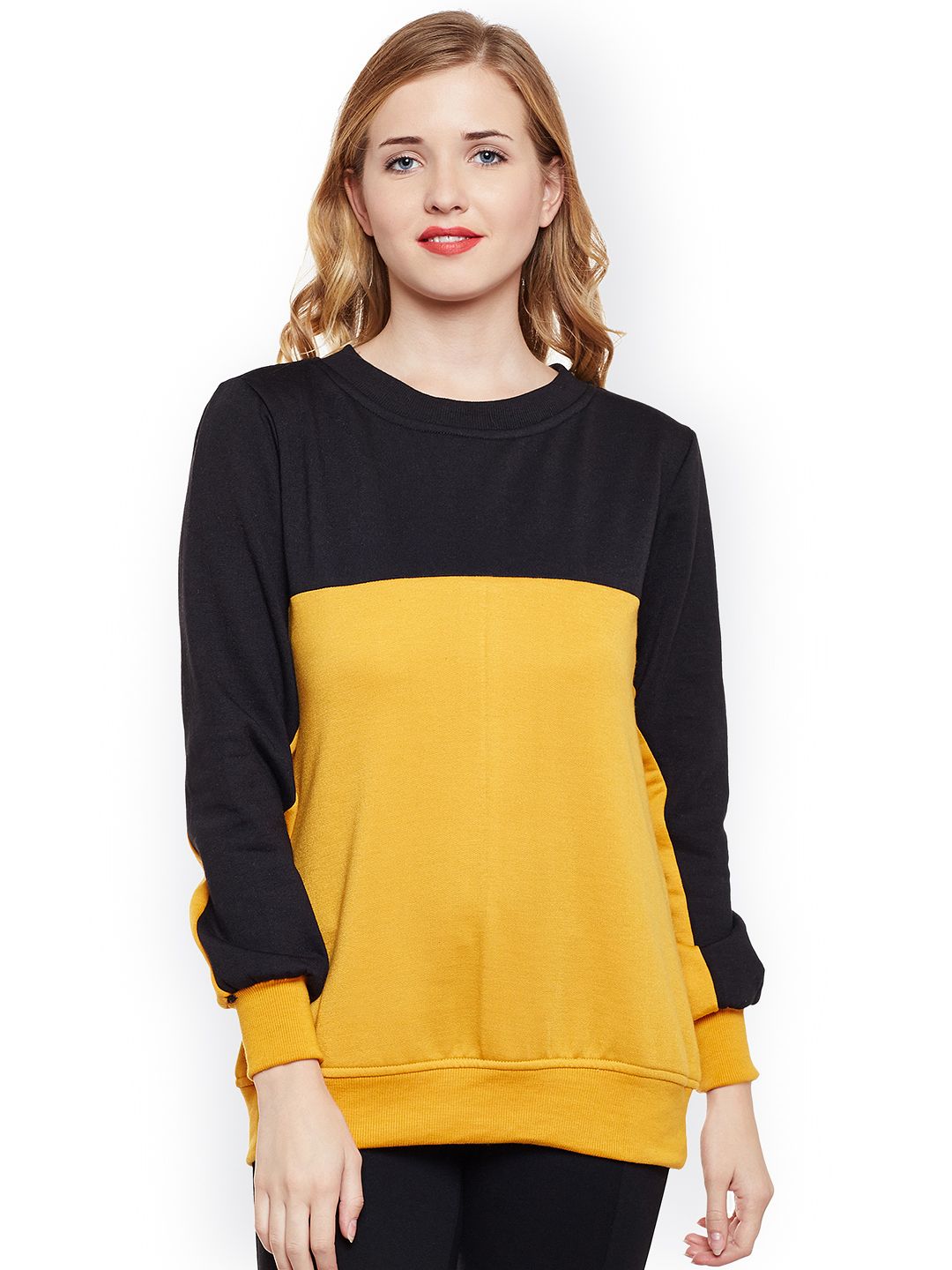 Belle Fille Women Black & Mustard Yellow Colourblocked Sweatshirt Price in India
