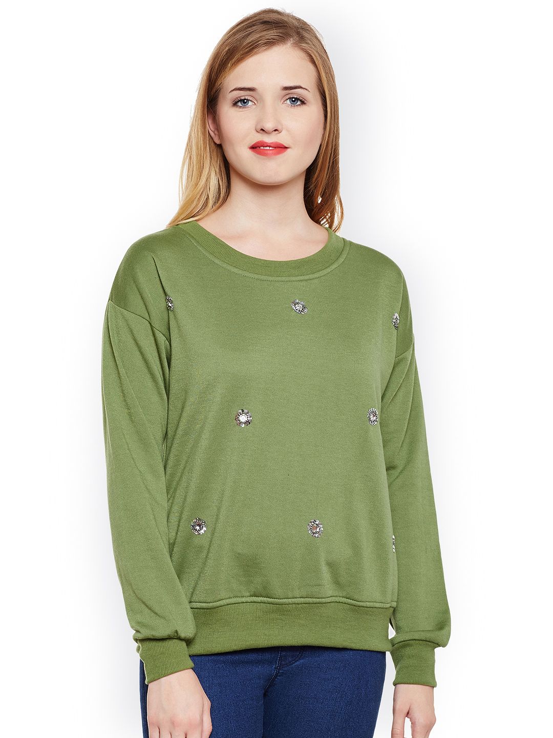 Belle Fille Women Olive Green Solid Sweatshirt Price in India