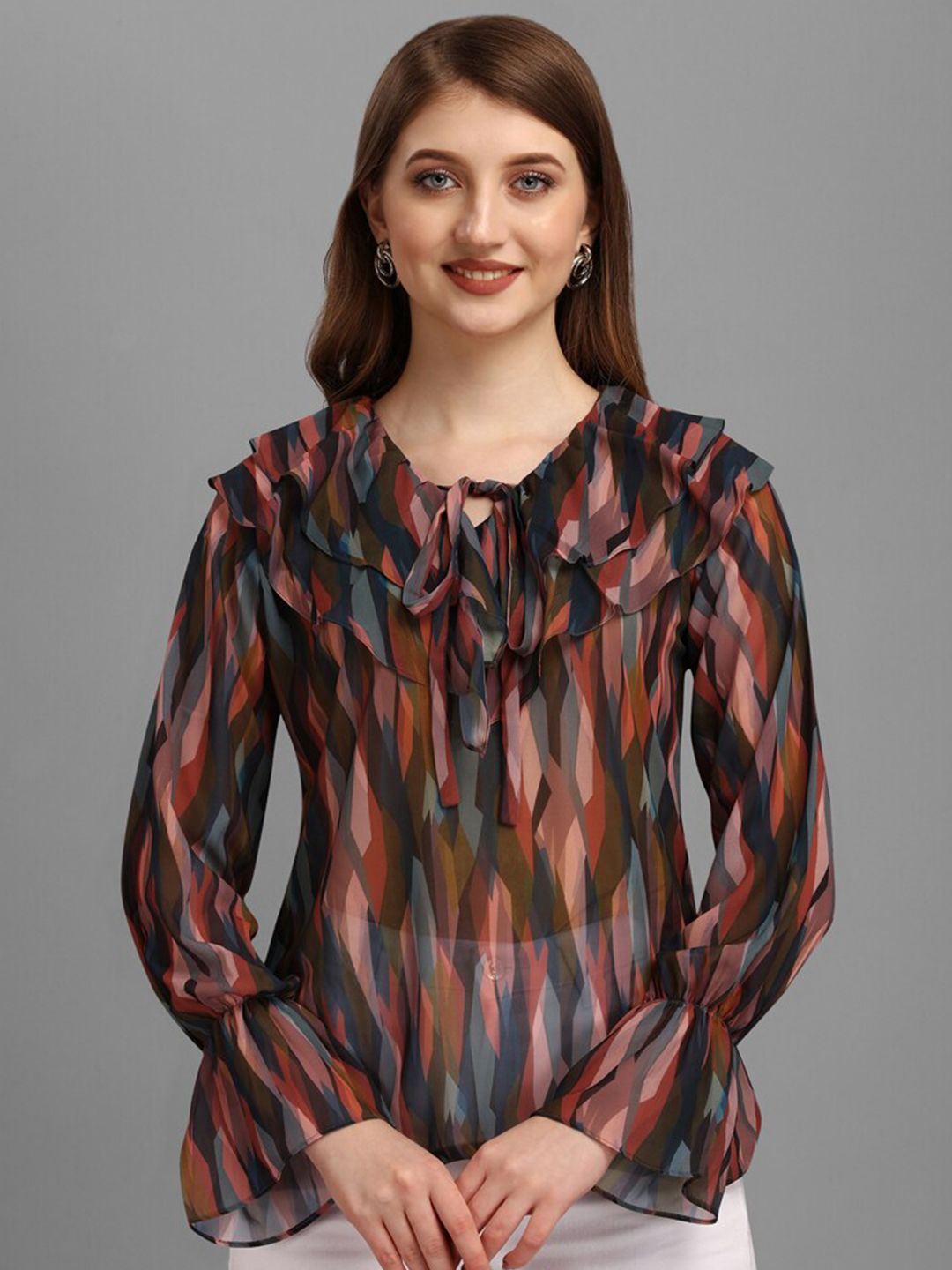 Masakali.Co Printed Tie-Up Neck Bell Sleeve Ruffled Top Price in India