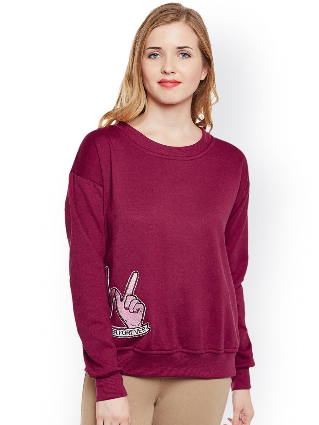 Belle Fille Women Maroon Solid Sweatshirt Price in India