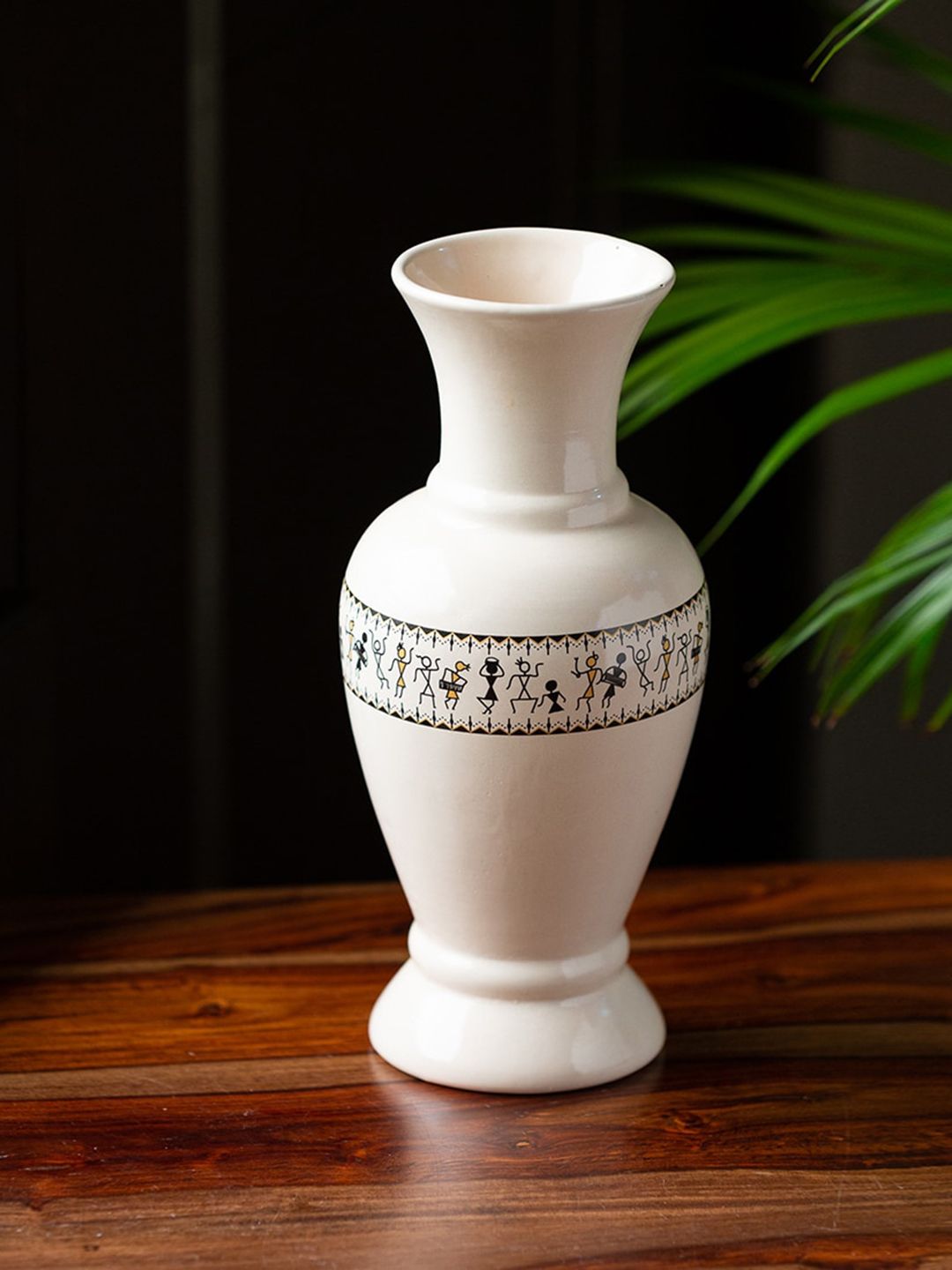 ExclusiveLane Whispers Of Warli White & Black Printed Ceramic Vase