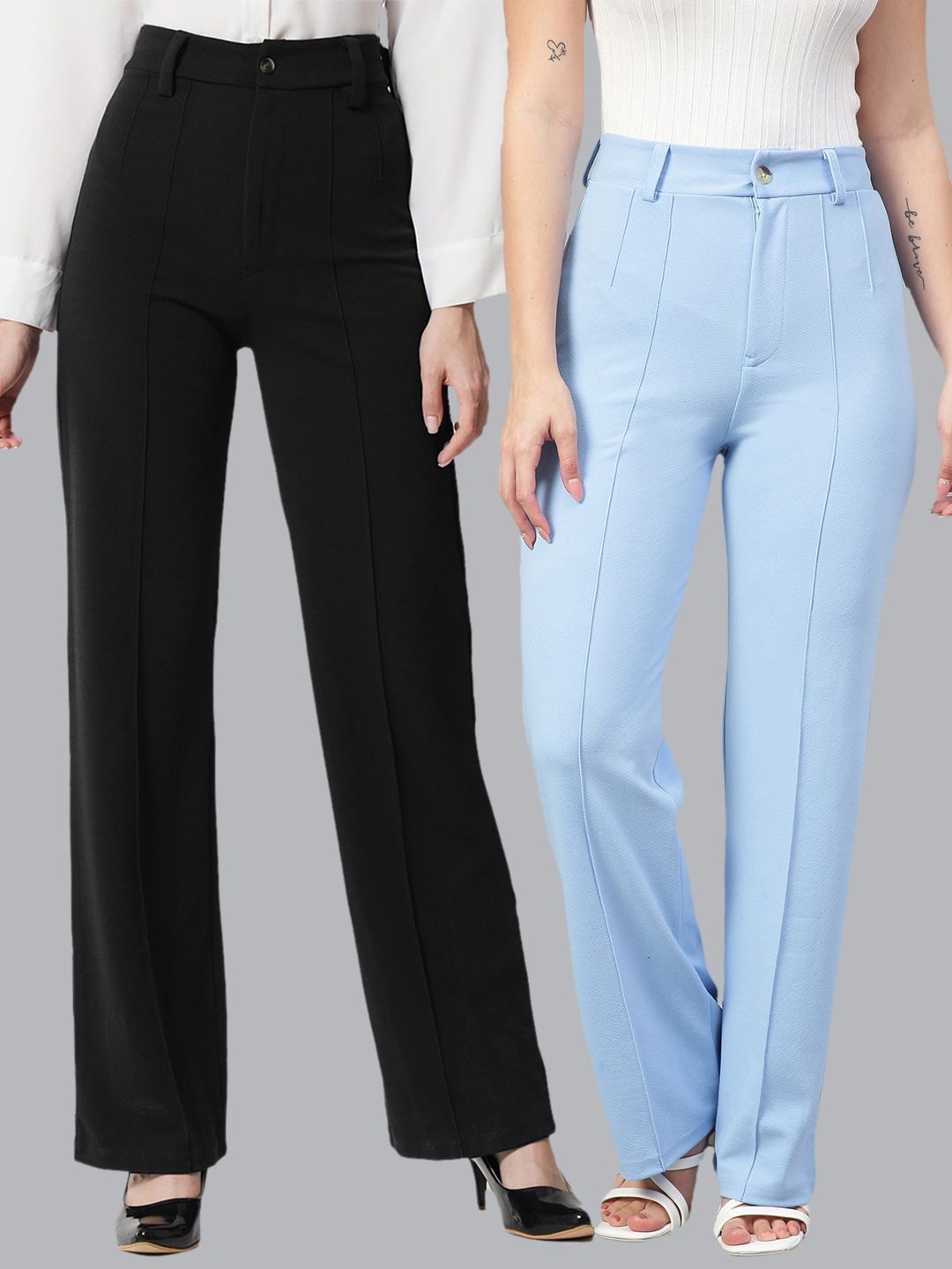 Kotty Women Pack Of 2 High-Rise Easy Wash Relaxed Straight Leg Parallel Trousers Price in India