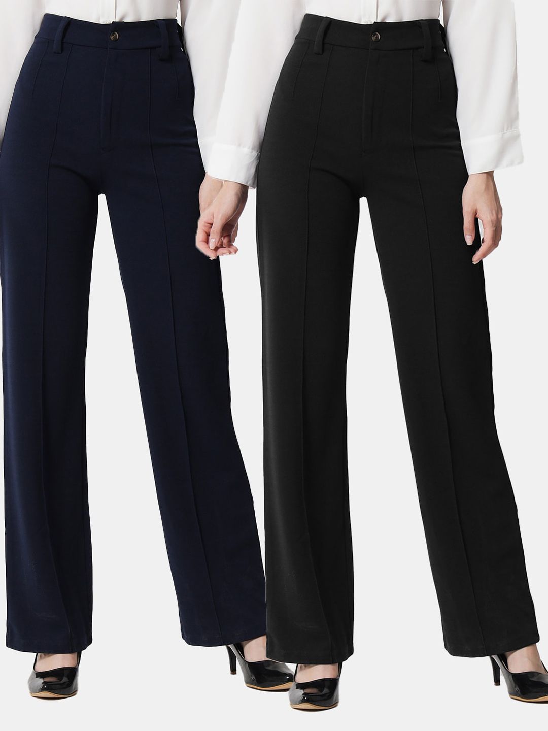 Kotty Women Pack Of 2 Straight Fit High-Rise Easy Wash Parallel Trousers Price in India